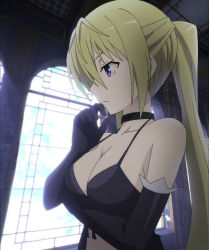 Rule 34 | 10s, 1girl, blonde hair, breasts, choker, cleavage, elbow gloves, from side, gloves, highres, indoors, large breasts, lieselotte sherlock, long hair, open mouth, purple eyes, screencap, trinity seven, twintails, window