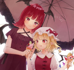 Rule 34 | 2girls, alternate costume, bat wings, blonde hair, blunt bangs, bow, commentary request, commission, dress, flandre scarlet, food, foul detective satori, hat, hat bow, head wings, holding, holding food, honotai, ice cream, koakuma, licking lips, medium hair, mob cap, multiple girls, pointy ears, puffy short sleeves, puffy sleeves, red bow, red dress, red eyes, red hair, short sleeves, simple background, skeb commission, tongue, tongue out, touhou, umbrella, white background, white headwear, wings