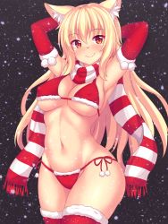 Rule 34 | 1girl, animal ear fluff, animal ears, armpits, arms behind head, arms up, bikini, blonde hair, bra, breasts, cat ears, covered erect nipples, cowboy shot, dark background, detached sleeves, elbow gloves, gloves, highres, hip focus, large breasts, long hair, looking at viewer, navel, nottytiffy, original, red bra, red eyes, red scarf, scarf, side-tie bikini bottom, simple background, smile, snowing, solo, striped clothes, striped scarf, swimsuit, thighhighs, thighs, tiffy (nottytiffy), underwear, white scarf