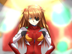 Rule 34 | 10s, 1girl, :c, blue eyes, breasts, brown hair, evangelion: 3.0 you can (not) redo, eyepatch, ffmania7, hair ornament, hands on own hips, isshiki (ffmania7), light brown hair, long hair, looking at viewer, neon genesis evangelion, plugsuit, rebuild of evangelion, solo, souryuu asuka langley, upper body