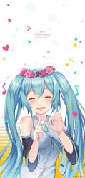 Rule 34 | 1girl, ^ ^, aqua necktie, artist name, bad id, bad pixiv id, blue hair, blush, breasts, character name, closed eyes, detached sleeves, facing viewer, flower wreath, grey shirt, hair between eyes, halftone, halftone background, hands up, hatsune miku, highres, long hair, medium breasts, musical note, necktie, open mouth, quaver, rods, semiquaver, shirt, sidelocks, sleeveless, sleeveless shirt, smile, solo, twintails, upper body, very long hair, vocaloid