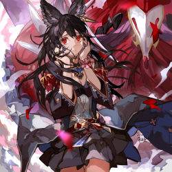 Rule 34 | 1girl, black hair, death (granblue fantasy), earrings, erune, granblue fantasy, hands on own cheeks, hands on own face, highres, jewelry, long hair, looking at viewer, nier (granblue fantasy), red eyes, skirt, solo, toujou bun