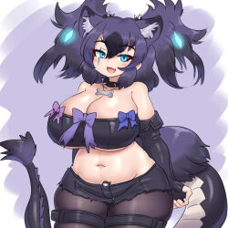 Rule 34 | 1girl, animal ears, big hair, blue eyes, blush, bone necklace, breasts, cerberus, cerberus (kemono friends), collar, curvy, cutoffs, dog ears, fang, glowing, glowing hair, highres, huge breasts, kemono friends, kemono friends 3, lizard tail, lowleg, lowleg shorts, mo23, navel, pantyhose, pantyhose under shorts, plump, scar, scar across eye, scar on face, shorts, simple background, skin fang, smile, solo, spiked collar, spikes, strapless, tail, thick thighs, thighs, tube top, wide hips
