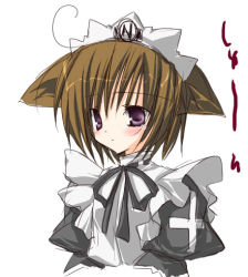 Rule 34 | 1girl, animal ears, black ribbon, blush, brown hair, frills, headdress, looking to the side, lowres, maid, maid headdress, neck ribbon, non-web source, purple eyes, ribbon, short hair, simple background, solo, tears, upper body, white background
