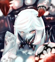 Rule 34 | 10s, 1girl, abyssal ship, clenched hand, covered mouth, floating fortress (kancolle), glaring, glowing, glowing eyes, hand up, high collar, kantai collection, long hair, looking at viewer, mechanical parts, midway princess, pale skin, red eyes, solo, teeth, tongue, upper body, white hair, yamashita tomu