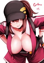 Rule 34 | 10s, 1girl, areola slip, artist name, baseball cap, belt, breasts, brown eyes, brown hair, choker, cleavage, commentary request, creatures (company), dated, downblouse, female protagonist (pokemon go), fingerless gloves, game freak, gloves, hand on own hip, hanging breasts, hat, highres, large breasts, leaning forward, lips, long hair, looking at viewer, nintendo, no bra, open clothes, open shirt, pokemon, pokemon go, ponytail, shirt, shorts, simple background, smile, solo, souryu, text focus, white background