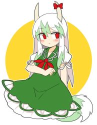 Rule 34 | 1girl, arm behind back, bow, closed mouth, dress, ex-keine, green dress, green hair, highres, horn bow, horn ornament, horns, ini (inunabe00), kamishirasawa keine, long hair, looking at viewer, looking to the side, multicolored hair, puffy short sleeves, puffy sleeves, red bow, red eyes, red neckwear, short sleeves, tail, touhou, two-tone hair