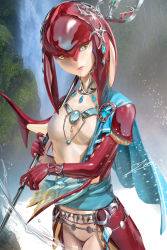 Rule 34 | 1girl, anklet, artist name, blue gemstone, blush, bracelet, breasts, colored skin, fish girl, gem, heart, jewelry, medium breasts, mipha, monster girl, multicolored skin, necklace, nintendo, no nipples, outdoors, red skin, shiny skin, signature, smile, solo, the legend of zelda, the legend of zelda: breath of the wild, two-tone skin, water, watermark, yellow eyes, zora, zumi (zumidraws)