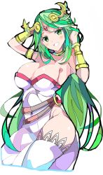 Rule 34 | 1girl, armlet, arms up, bracer, breasts, circlet, cleavage, covered navel, dress, enpe, green eyes, green hair, head tilt, highres, jewelry, kid icarus, large breasts, long hair, looking at viewer, neck ring, nintendo, no panties, palutena, parted bangs, side slit, simple background, smile, solo, strapless, strapless dress, thighhighs, thighs, very long hair, white background, white dress, white thighhighs