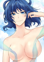 Rule 34 | 1girl, arm up, bad id, bad pixiv id, blue eyes, blue hair, blue sky, breasts, censored, cloud, collarbone, convenient censoring, day, female focus, gradient background, hagoromo, hair rings, hand in own hair, kaku seiga, large breasts, looking at viewer, matching hair/eyes, naked ribbon, no nipples, nude, ribbon, shawl, short hair, sky, slit pupils, smile, solo, touhou, upper body, yatsuhashi kyouto