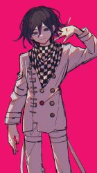 Rule 34 | 1boy, black hair, buttons, checkered clothes, checkered scarf, closed mouth, danganronpa (series), danganronpa v3: killing harmony, double-breasted, feet out of frame, grey jacket, grey pants, hair between eyes, highres, jacket, long sleeves, looking at viewer, male focus, multicolored hair, oma kokichi, pants, pink background, pink hair, scarf, short hair, simple background, smile, solo, two-tone hair, ze ro saiji