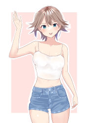 Rule 34 | 1girl, :d, absurdres, alternate costume, aqua eyes, bare shoulders, blush, breasts, brown hair, camisole, cleavage, collarbone, cowboy shot, denim, denim shorts, flipped hair, hiei (kancolle), highres, kantai collection, looking at viewer, medium breasts, midriff, open mouth, outside border, sakurai nana (moshichi), short hair, shorts, smile, solo