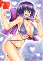 Rule 34 | 1girl, artist name, bikini, blush, book, breasts, choker, cleavage, collarbone, cowboy shot, creatures (company), game freak, glasses, green eyes, heart, heart background, highres, large breasts, looking at viewer, nail polish, nintendo, open mouth, pen, pokemon, pokemon bw, ribbon, shauntal (pokemon), short hair, smile, solo, swimsuit, takecha, underboob