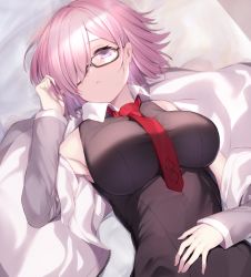 Rule 34 | 1girl, armpits, black dress, blush, breasts, collared dress, dress, fate/grand order, fate (series), glasses, grey jacket, hair over one eye, hand in own hair, highres, jacket, large breasts, light purple hair, lying, maosame, mash kyrielight, necktie, on back, open clothes, open jacket, parted lips, print necktie, purple eyes, red necktie, short hair, solo