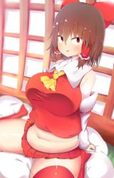 Rule 34 | 1girl, absurdres, akabeco, belly, blush, bow, breasts, cookie (touhou), hair bow, hair tubes, hakurei reimu, highres, large breasts, looking at viewer, navel, parted lips, plump, red bow, red eyes, red skirt, red thighhighs, reu (cookie), seiza, sitting, skirt, solo, thick thighs, thighhighs, thighs, touhou
