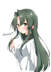 Rule 34 | 1girl, alternate costume, bad id, bad pixiv id, black sweater, cropped torso, from above, green eyes, green hair, hair down, hair intakes, holding, holding own hair, hoshino kagari, kantai collection, long hair, long sleeves, looking at viewer, looking to the side, parted bangs, shirt, sidelocks, simple background, solo, sweater, turtleneck, twitter username, upper body, v-shaped eyebrows, white background, white shirt, zuikaku (kancolle)