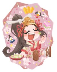 Rule 34 | 1girl, black hair, blush, border, bow, bowl, brown footwear, chest sarashi, chibi, closed eyes, commentary, confetti, crown, dated, doll, eating, eyelashes, eyeshadow, floral background, floral print, food, fruit, geta, gold headwear, grapes, hair bow, hat, hat ribbon, high ponytail, highres, hinamatsuri, japanese clothes, kimono, long hair, long sleeves, makeup, motion lines, notice lines, open mouth, original, purple background, red bow, red eyeshadow, red ribbon, red trim, ribbon, sarashi, signature, sitting, sleeves past elbows, smile, socks, symbol-only commentary, tabi, teeth, throwing, upper teeth only, very long hair, waist bow, white border, white bow, white socks, wide sleeves, yamato koara, yellow kimono