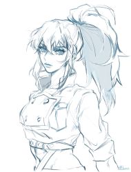 Rule 34 | 1girl, akame (chokydaum), blue theme, earrings, eyelashes, jacket, jewelry, leona heidern, lips, looking at viewer, midriff, military, military uniform, monochrome, navel, pocket, ponytail, sketch, soldier, solo, the king of fighters, triangle earrings, uniform, upper body, white background