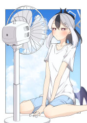 Rule 34 | 1girl, absurdres, black hair, black horns, blue archive, blue shorts, blue sky, blush, breasts, bright pupils, casual, cloud, collarbone, electric fan, expressionless, grey halo, hair between eyes, hair ornament, hairclip, halo, highres, horns, hot, kayoko (blue archive), long hair, low wings, multicolored hair, ponytail, red eyes, shirt, shorts, sidelocks, single wing, sitting, sky, small breasts, solo, streaked hair, summer, t-shirt, two-tone hair, user drrz8742, wariza, white hair, white pupils, white shirt, wings