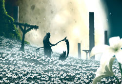 Rule 34 | 1boy, 1other, bloodborne, cloak, coat, commentary request, facing away, falling petals, field, flower, flower field, full body, full moon, gehrman the first hunter, hat, holding, holding weapon, hunter (bloodborne), kneeling, looking at another, moon, outdoors, petals, pillar, scythe, signature, skiba, standing, tricorne, weapon, white flower