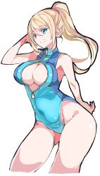 Rule 34 | 1girl, blonde hair, blue eyes, blush, breasts, cleavage, cleavage cutout, clothing cutout, enpe, front zipper swimsuit, high ponytail, highres, kid icarus, large breasts, long hair, looking at viewer, meme attire, metroid, navel, nintendo, one-piece swimsuit, open mouth, ponytail, samus aran, simple background, skin tight, smile, solo, swimsuit