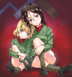 Rule 34 | 2girls, absurdres, black hair, black skirt, blonde hair, blue eyes, blush, breasts, closed mouth, emblem, girls und panzer, head on another&#039;s shoulder, highres, katyusha (girls und panzer), large breasts, looking at viewer, military, military uniform, miniskirt, multiple girls, nonna (girls und panzer), panties, parted lips, pravda (emblem), pravda military uniform, skirt, small breasts, smile, suzuki24, underwear, uniform, white panties