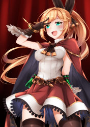 Rule 34 | 10s, 1girl, :d, arm behind back, blush, bracelet, breasts, cape, clarisse (granblue fantasy), cowboy shot, gloves, granblue fantasy, green eyes, hair ornament, healther, jewelry, long hair, looking at viewer, open mouth, orange hair, ponytail, ribbed sweater, sideboob, skirt, sleeveless, sleeveless turtleneck, smile, solo, sweater, thighhighs, turtleneck, v over eye, very long hair