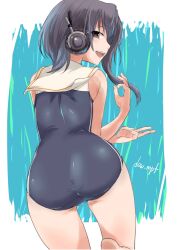 Rule 34 | 1girl, black hair, blue one-piece swimsuit, from behind, headphones, highres, i-14 (kancolle), kantai collection, kote (dew), looking back, no shoes, one-piece swimsuit, open mouth, school swimsuit, school uniform, serafuku, short hair, simple background, smile, soles, solo, swimsuit, white serafuku, wide hips