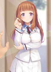 Rule 34 | 10s, 1girl, arm under breasts, blazer, blunt bangs, blush, breast hold, breasts, brown hair, flying sweatdrops, jacket, komone ushio, large breasts, long hair, looking at viewer, love live!, love live! school idol project, necktie, playing with own hair, pov, purple eyes, ruffling hair, school uniform, skirt, smile, solo focus, standing, striped necktie, striped neckwear, sweat, utx school uniform, yuki anju