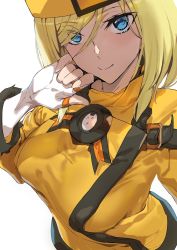 Rule 34 | 1girl, ashiomi masato, blonde hair, blue eyes, close-up, commentary request, dress, eyes visible through hair, fingerless gloves, gloves, guilty gear, guilty gear xrd, hand on own chin, hat, highres, millia rage, short hair, smile, solo, white background, yellow dress, yellow hat