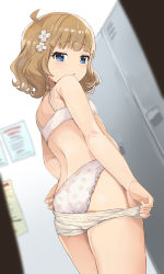 Rule 34 | 1girl, ahoge, ass, bare arms, bare shoulders, blue eyes, blurry, blurry background, bra, clothes pull, commentary, dutch angle, flat chest, flower, food print, hair flower, hair ornament, highres, hiroki (yyqw7151), idolmaster, idolmaster million live!, light brown hair, locker, locker room, looking at viewer, looking down, panties, pink bra, print panties, short hair, skirt, skirt pull, solo, strawberry panties, strawberry print, suou momoko, thighs, underwear