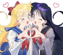 Rule 34 | 2girls, a.m., aino minako, bishoujo senshi sailor moon, black hair, blonde hair, blue eyes, blue sailor collar, blue skirt, bow, heart, heart hands, heart hands duo, highres, hino rei, multiple girls, one eye closed, open mouth, p m ame, purple eyes, purple hair, red bow, sailor collar, school uniform, serafuku, simple background, skirt, smile, toei animation, white background, wink