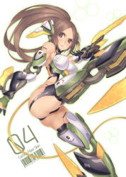 Rule 34 | 1girl, ass, barcode, breasts, brown eyes, brown hair, covered erect nipples, headgear, kicking, large breasts, mecha musume, nidy, ponytail, solo