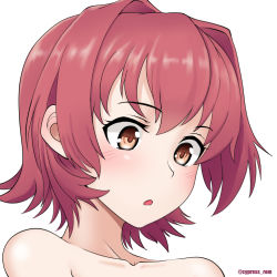Rule 34 | 1girl, blush, collarbone, cypress, hair between eyes, kantai collection, kinu (kancolle), open mouth, orange eyes, portrait, red hair, short hair, simple background, solo, twitter username, white background