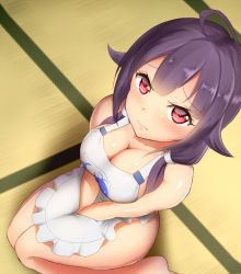 Rule 34 | 10s, 1girl, ahoge, angry, apron, bare legs, bare shoulders, blush, breasts, cleavage, hair flaps, kantai collection, looking at viewer, looking up, low twintails, magatama, maku ro, medium breasts, naked apron, purple hair, red eyes, sitting, sketch, solo, taigei (kancolle), tatami, twintails, wariza, whale
