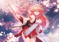Rule 34 | 1girl, animal ears, annerica, breasts, cherry blossoms, commentary request, detached sleeves, earrings, falling petals, fox ears, fox girl, genshin impact, gohei, hair between eyes, hair ornament, highres, holding, holding gohei, japanese clothes, jewelry, leaning forward, long hair, long sleeves, looking at viewer, nontraditional miko, parted lips, petals, pink hair, purple eyes, ribbon-trimmed sleeves, ribbon trim, sideboob, sidelocks, smile, solo, tree, vision (genshin impact), wide sleeves, yae miko