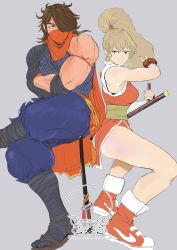 Rule 34 | 1boy, 1girl, ass, blonde hair, breasts, brown hair, capcom, final fight, final fight 2, fingerless gloves, full body, genryuusai maki, gloves, hair over one eye, highres, hiroshi mono, long hair, mask, medium breasts, mouth mask, muscular, ninja, pelvic curtain, ponytail, scarf, shoes, sneakers, street fighter, street fighter v, tonfa, weapon, zeku