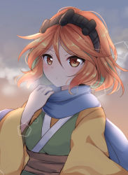 Rule 34 | 1girl, black hairband, blue scarf, breasts, brown hair, closed mouth, commentary request, genderswap, genderswap (otf), hairband, hand up, highres, japanese clothes, len&#039;en, long sleeves, medium hair, orange hair, ougi hina, scarf, shirt, small breasts, solo, upper body, wide sleeves, yellow shirt, zuifeng tenkai