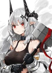 Rule 34 | 1girl, absurdres, adamosina, arknights, black gloves, black sports bra, breasts, commentary, demon horns, ear piercing, english commentary, gloves, hammer, highres, holding, holding hammer, horns, infection monitor (arknights), jumpsuit, large breasts, long hair, mudrock (arknights), mudrock (elite ii) (arknights), open jumpsuit, parted lips, piercing, pointy ears, red eyes, solo, sports bra, sweat, upper body, white hair, white jumpsuit