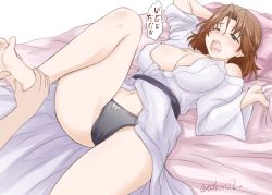 Rule 34 | 1girl, arm behind head, arm up, artist name, azumi (girls und panzer), bath yukata, bed sheet, black panties, blue eyes, blush, bow, bow panties, breasts, brown hair, commentary, foot massage, frown, girls und panzer, half-closed eye, japanese clothes, kimono, large breasts, leg up, legs, lying, navel, on back, on bed, one-hour drawing challenge, one eye closed, open clothes, open kimono, open mouth, panties, parted bangs, sash, short hair, signature, sleeves rolled up, tearing up, translated, underwear, wince, yts takana, yukata
