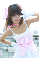 Rule 34 | 1girl, amami haruka, asian, bare shoulders, blurry, breasts, brown hair, cosplay, cowboy shot, depth of field, dress, dyed hair, gloves, hair ribbon, hand on own hip, highres, hiromichi, idolmaster, idolmaster (classic), japanese (nationality), looking at viewer, neck ribbon, outdoors, photo (medium), ribbon, small breasts, smile, solo, v over eye, white gloves