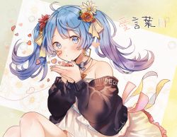 Rule 34 | 1girl, :o, ai kotoba iii (vocaloid), bandage on face, bandages, bare legs, bare shoulders, black sweater, blowing, blue eyes, blue hair, blue nails, blue ribbon, blush, bubble, choker, copyright name, earrings, fingernails, floating hair, floral background, flower, frills, gradient background, green flower, hair flower, hair ornament, hanako151, hatsune miku, heart, jewelry, long sleeves, looking at viewer, nail polish, neck ribbon, orange flower, pink nails, purple flower, red flower, ribbon, ribbon hair, solo, string, string of fate, sweater, triangle earrings, twintails, vocaloid, white flower