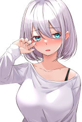 Rule 34 | 1girl, absurdres, aqua eyes, blush, breasts, collarbone, commentary request, embarrassed, fingernails, flustered, hair between eyes, hand on own cheek, hand on own face, hand up, highres, ichiki 1, large breasts, looking away, looking to the side, mole, nose blush, off-shoulder shirt, off shoulder, open mouth, original, shirt, short hair, silver hair, simple background, solo, upper body, white background, white shirt