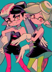 Rule 34 | 2girls, bare shoulders, black dress, black hair, black jumpsuit, blue background, blush stickers, callie (splatoon), closed mouth, collarbone, detached collar, dot nose, dress, earrings, fang, feet out of frame, gloves, green pantyhose, grey hair, grin, hair ornament, hand on own hip, hand up, highres, inkling, jewelry, jumpsuit, light frown, long hair, looking at viewer, marie (splatoon), medium hair, menma (enaic31), mole, mole under eye, multiple girls, nintendo, open mouth, orange eyes, pantyhose, pink pantyhose, pointy ears, short eyebrows, simple background, smile, splatoon (series), splatoon 1, standing, strapless, strapless dress, strapless jumpsuit, swept bangs, symbol-shaped pupils, tentacle hair, thick eyebrows, twitter username, very long hair, white gloves
