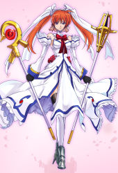 Rule 34 | 00s, 1girl, alternate costume, alternate weapon, brown hair, detached sleeves, female focus, full body, long hair, looking at viewer, lyrical nanoha, mahou shoujo lyrical nanoha, mahou shoujo lyrical nanoha strikers, makacoon, purple eyes, raising heart, solo, staff, standing, takamachi nanoha, thighhighs, twintails, weapon