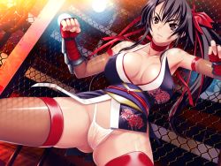 Rule 34 | 1girl, abalone kiss, bare shoulders, black hair, bow, breasts, brown eyes, closed mouth, collar, collarbone, female focus, fingerless gloves, game cg, gauntlets, gloves, hair bow, hair ribbon, huge breasts, long hair, obi, panties, ponytail, red gloves, red ribbon, ribbon, sash, solo, thighhighs, touki kyouka, underwear, white panties