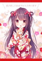 Rule 34 | 1girl, animal, animal hug, bell, bow, braid, brown eyes, brown hair, commentary request, dog, fang, floral print, hair bell, hair between eyes, hair bow, hair ornament, hisagi (puchimaple), japanese clothes, jingle bell, kimono, long hair, long sleeves, looking at viewer, new year, obi, open mouth, original, print kimono, red bow, red kimono, sash, sidelocks, solo, translation request, two side up, very long hair, wide sleeves