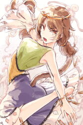 Rule 34 | 1girl, barefoot, blue dress, brown hair, circlet, detached sleeves, dress, green dress, highres, hisona (suaritesumi), long hair, low twintails, monkey tail, multicolored clothes, multicolored dress, open mouth, red eyes, single detached sleeve, solo, son biten, tail, touhou, twintails, white sleeves, yellow dress