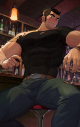 Rule 34 | 1boy, bara, belt, black hair, black pants, black shirt, blush, brown belt, bulge, closed mouth, cup, dainyuu (dgls), erection, erection under clothes, facial hair, highres, holding, holding cup, indoors, large pectorals, looking at viewer, lucas lee, male focus, muscular, muscular male, pants, pectorals, scott pilgrim (series), scott pilgrim takes off, shirt, short hair, sideburns, sitting, solo