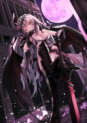 Rule 34 | 10s, 1girl, arm guards, armor, armored boots, armpits, asymmetrical gloves, bad id, bad pixiv id, bare shoulders, black footwear, black gloves, blonde hair, boots, breasts, broken pillar, building, camisole, circle, cleavage, closed mouth, dark, dark jeanne, dutch angle, feather hair ornament, feathers, full moon, gloves, granblue fantasy, hand on own face, head tilt, highres, jeanne d&#039;arc (granblue fantasy), knee boots, large breasts, crossed legs, lips, long hair, looking at viewer, mismatched armwear, mismatched gloves, moon, night, pillar, pink moon, purple eyes, saraki, shoulder pads, sitting, smile, solo, sword, very long hair, weapon